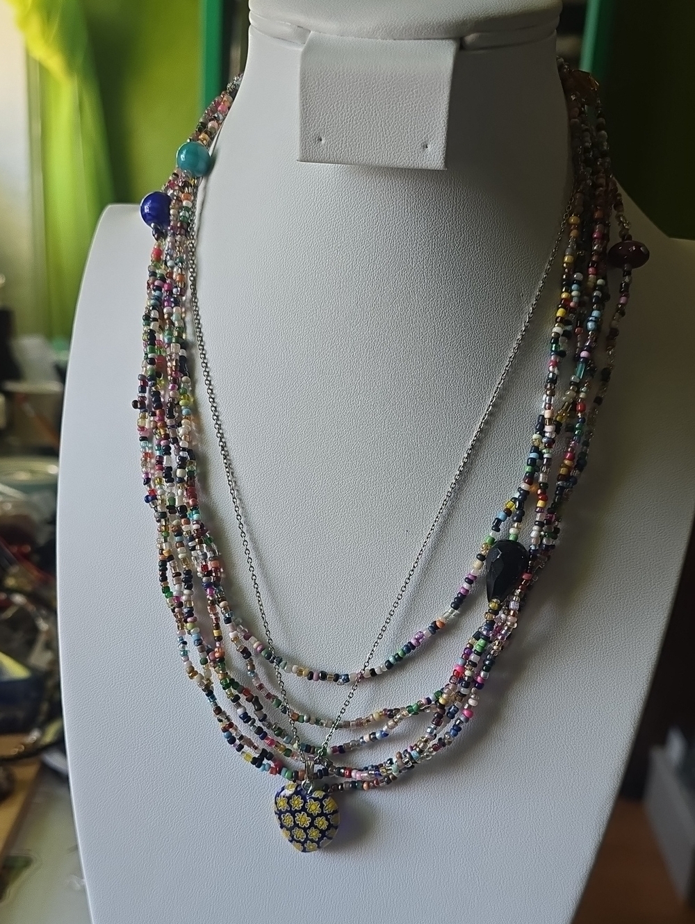 Multicolor Beaded Layered Necklace with Floral Pendant - Women Jewelry